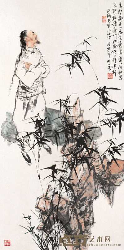 王明明 丙寅（1986年）作 板桥观竹 立轴 134.5×67.2cm